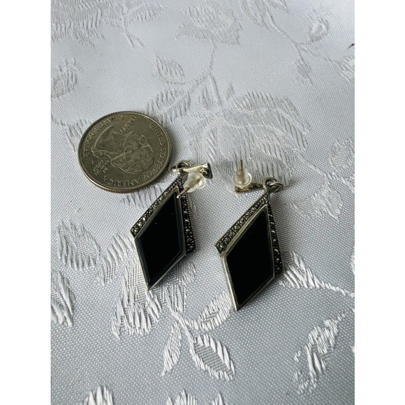 Vintage Sterling Silver, Black Onyx and Marcasite Post Earrings 1.5 Inch - Picture 4 of 4